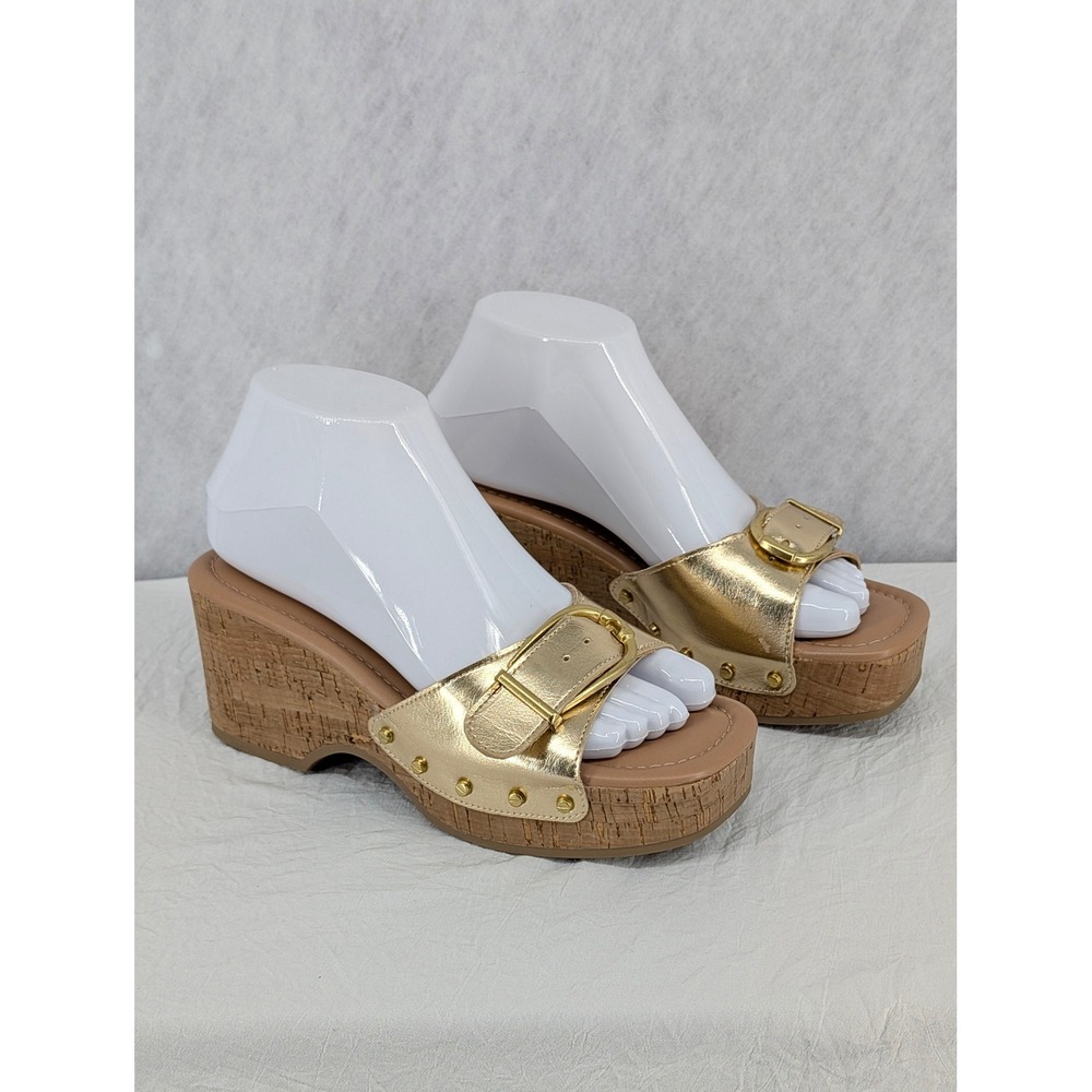 Time and Tru Gold Metallic Wedge Sandals 6 Cork Platform Studded Buckle Glam - Picture 2 of 10